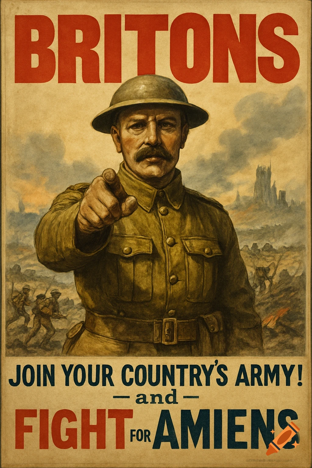 WWI style propaganda poster featuring a British soldier pointing, with text urging men to join the army and fight for Amiens.