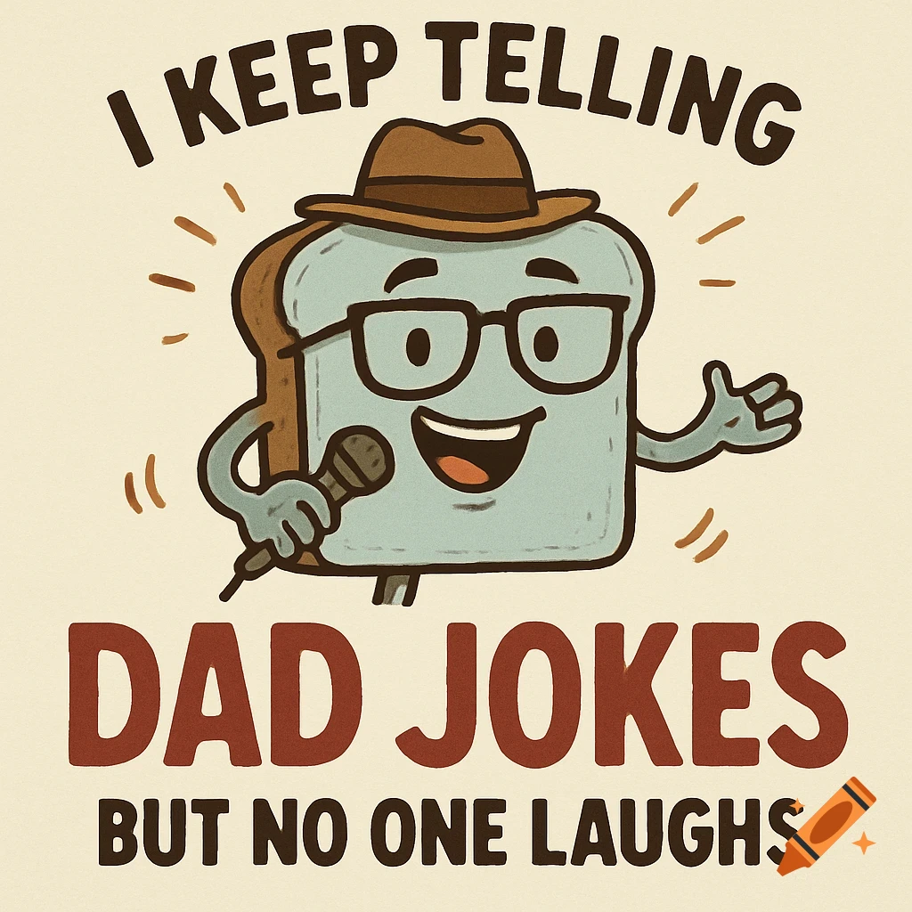 Cartoon illustration of a slice of toast with glasses and a hat holding a microphone, with text about dad jokes.