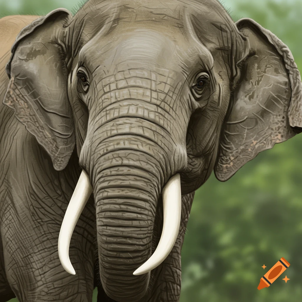 A close-up portrait of an elephant's face showing its trunk, tusks, and eyes in an illustrative style.