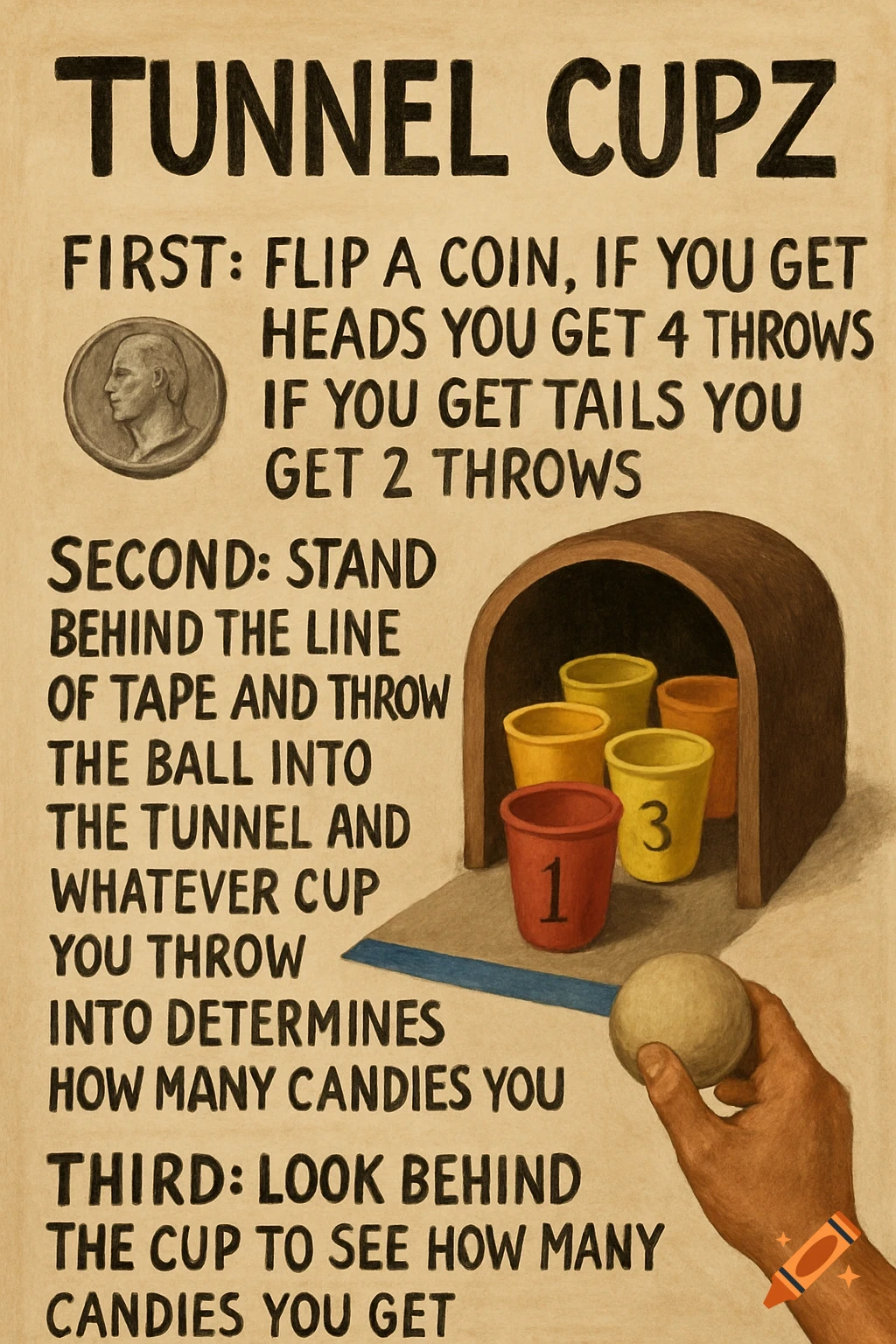 Poster shows rules for 'Tunnel Cupz' game with illustrations of coin, tunnel, cups, and hand holding ball.
