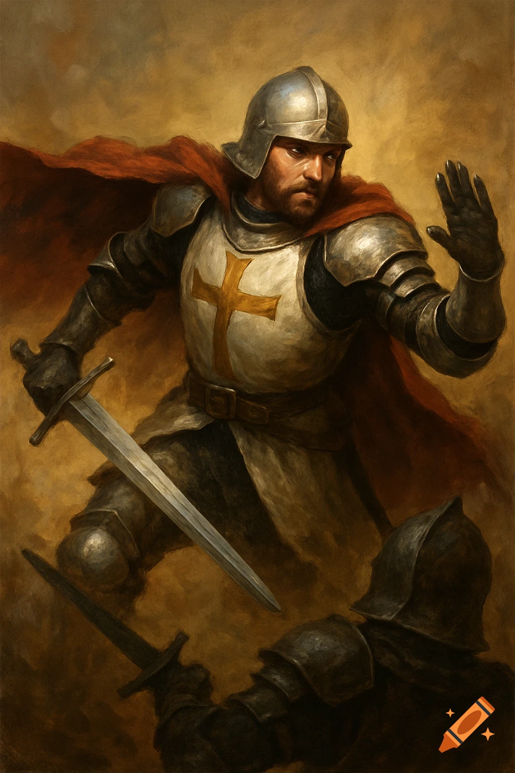 A knight in silver armor and red cape blocks with his hand while holding a sword, facing another figure in armor during a stylized fight scene.