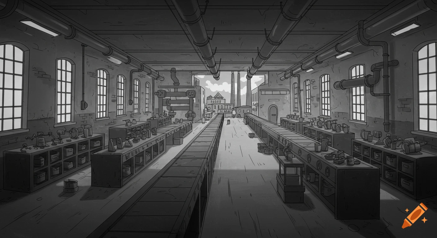 A monochrome cartoon drawing of a vast, depressing factory assembly line with exaggerated perspective.