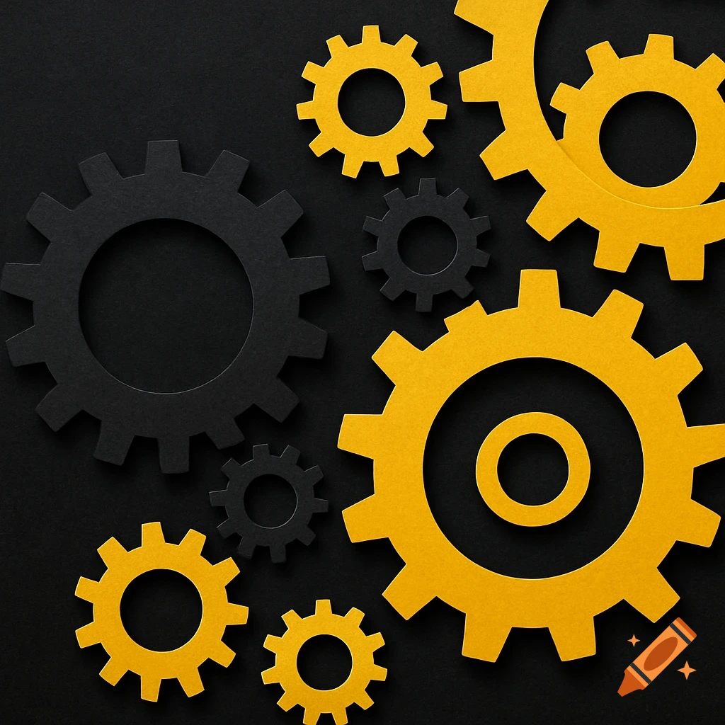 Yellow and black gears on a dark background in a flat, illustrated style.
