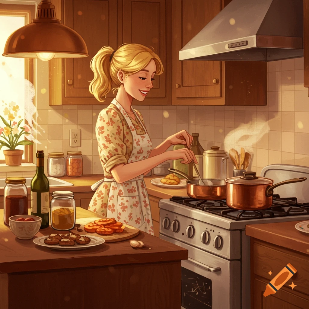 Illustration of a blonde woman cooking dinner in a warm kitchen.