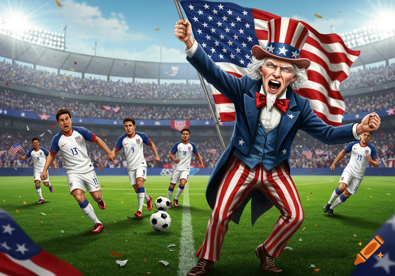 Uncle Sam waves a US flag alongside US soccer players in a stadium.