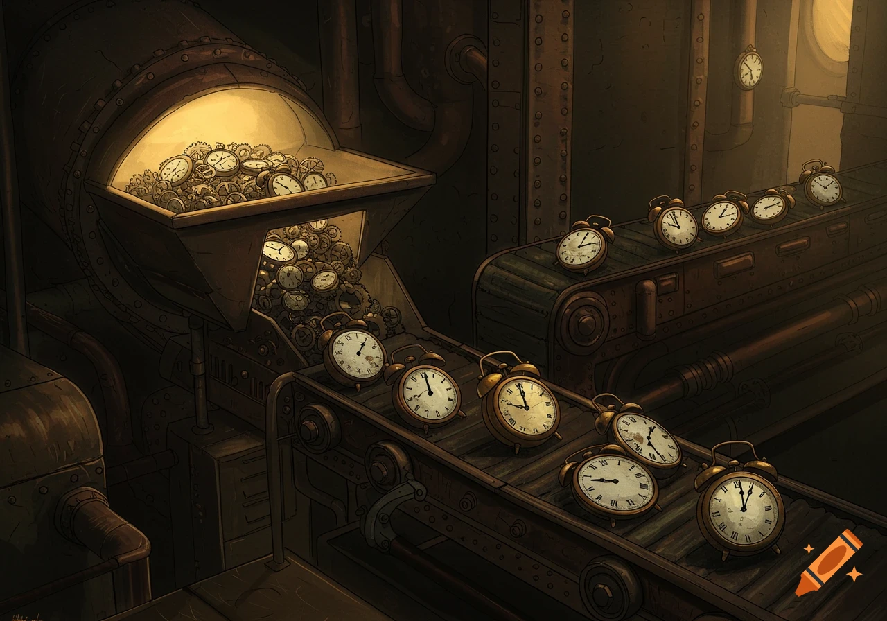 An illustration of a steampunk factory where alarm clocks move along conveyor belts.