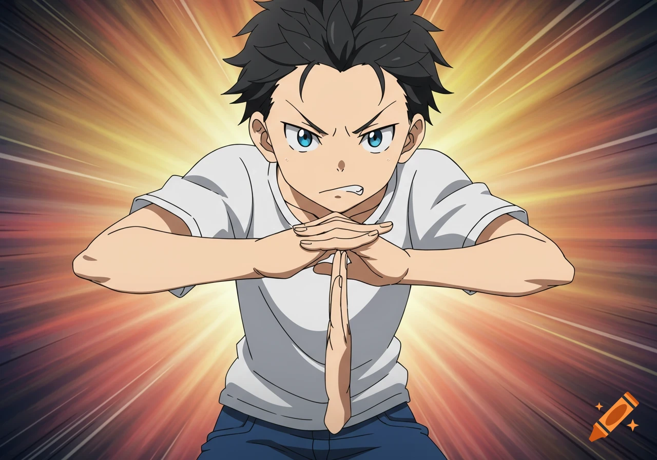 Anime man making hand gesture with intense expression against a radial light burst background.