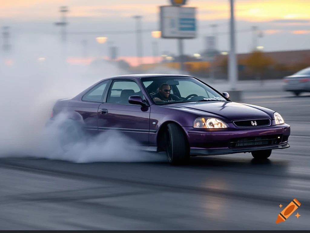 Purple Honda Civic drifting, creating a cloud of smoke in a parking lot.