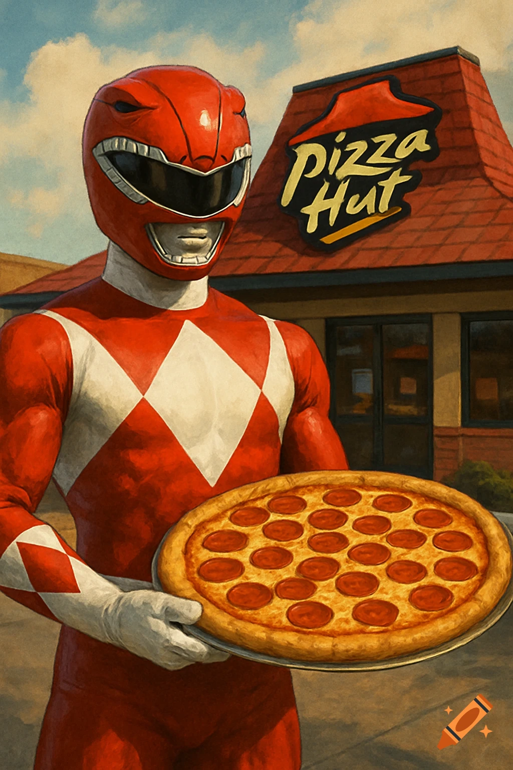 Red Power Ranger holding a pepperoni pizza in front of a Pizza Hut restaurant in a painted style.