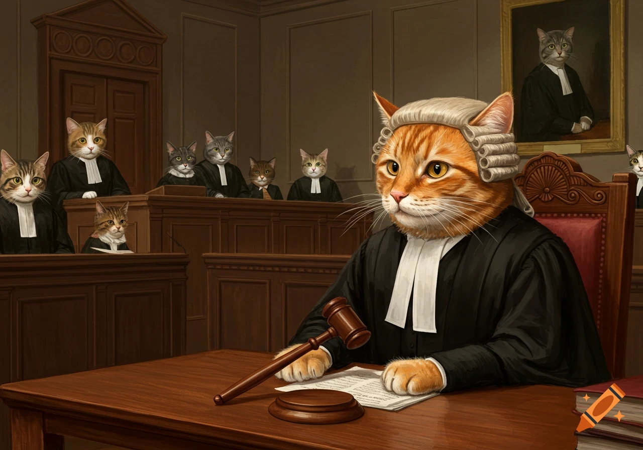 Cats dressed as judges and lawyers in a courtroom