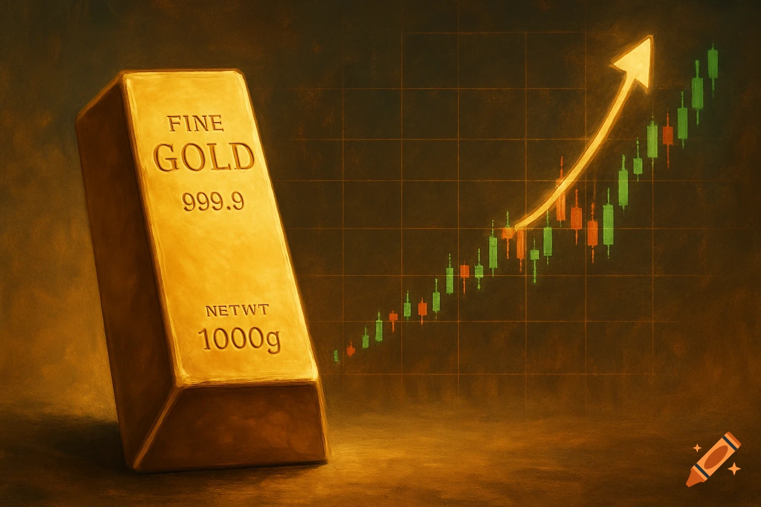 A gold bar next to a rising stock chart with an upward arrow, in a painted style.