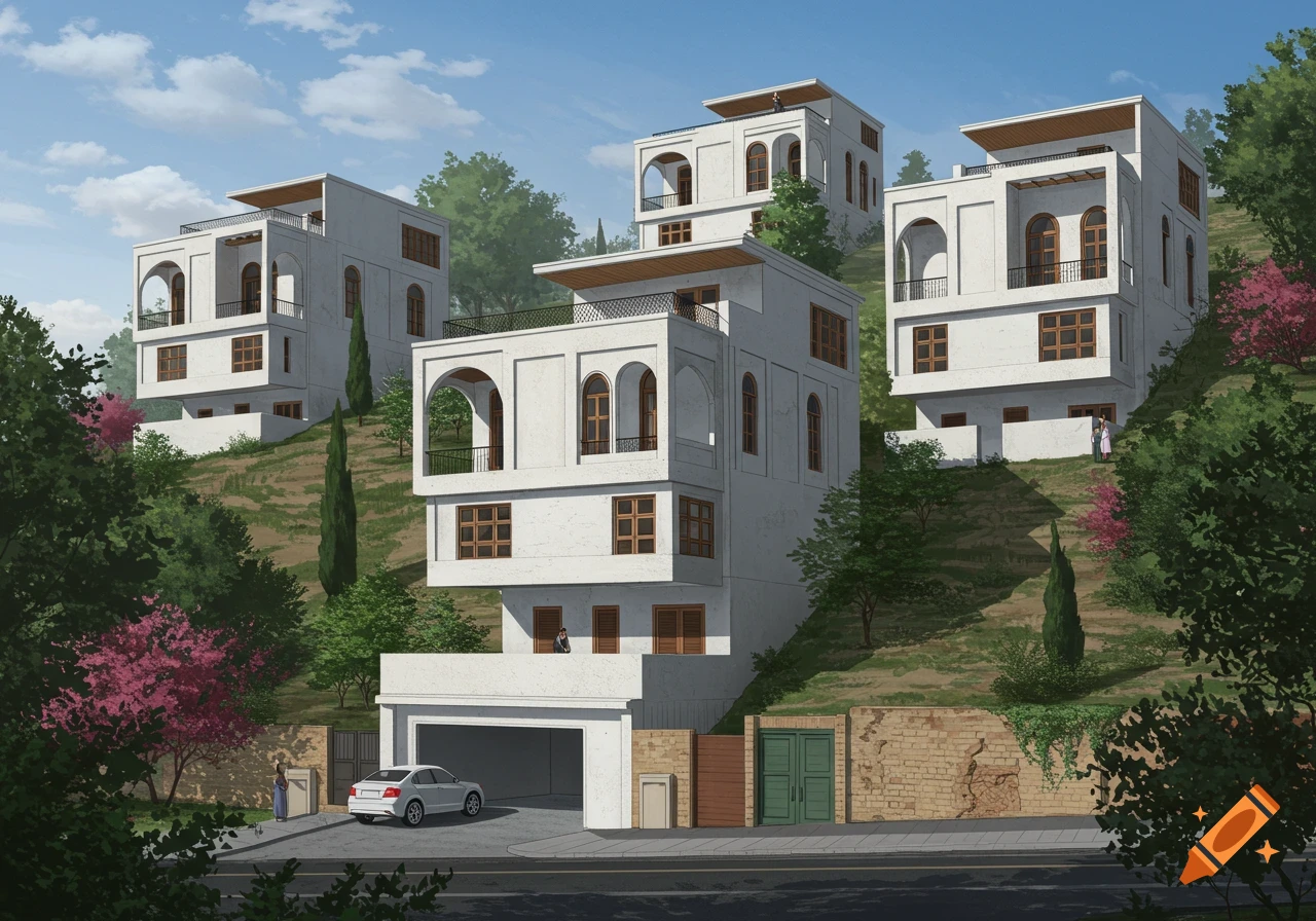 Modern white residential buildings on a steep, tree-covered hillside with a car in the foreground.