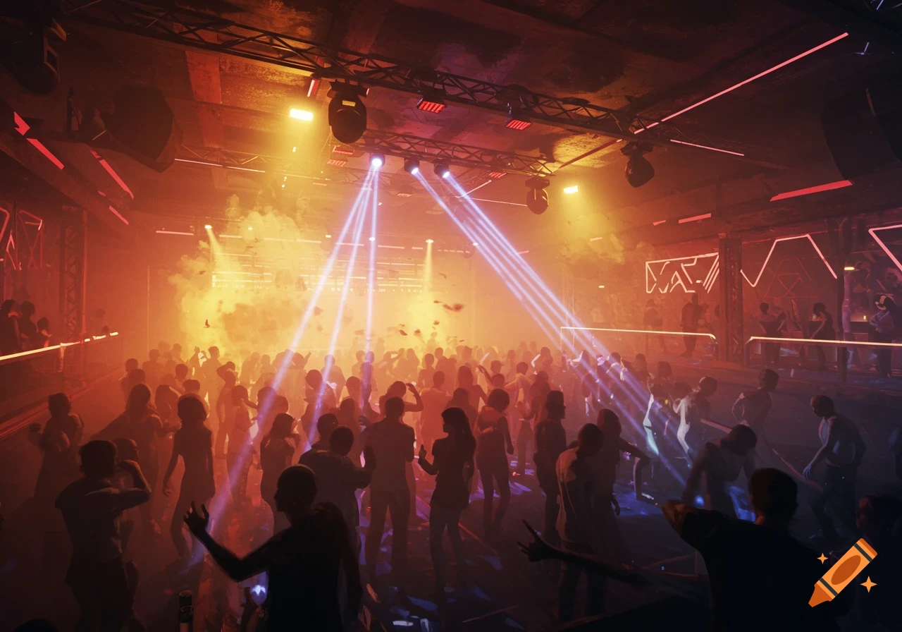 People dance in a crowded, smoky nightclub lit by spotlights and warm ambient light.