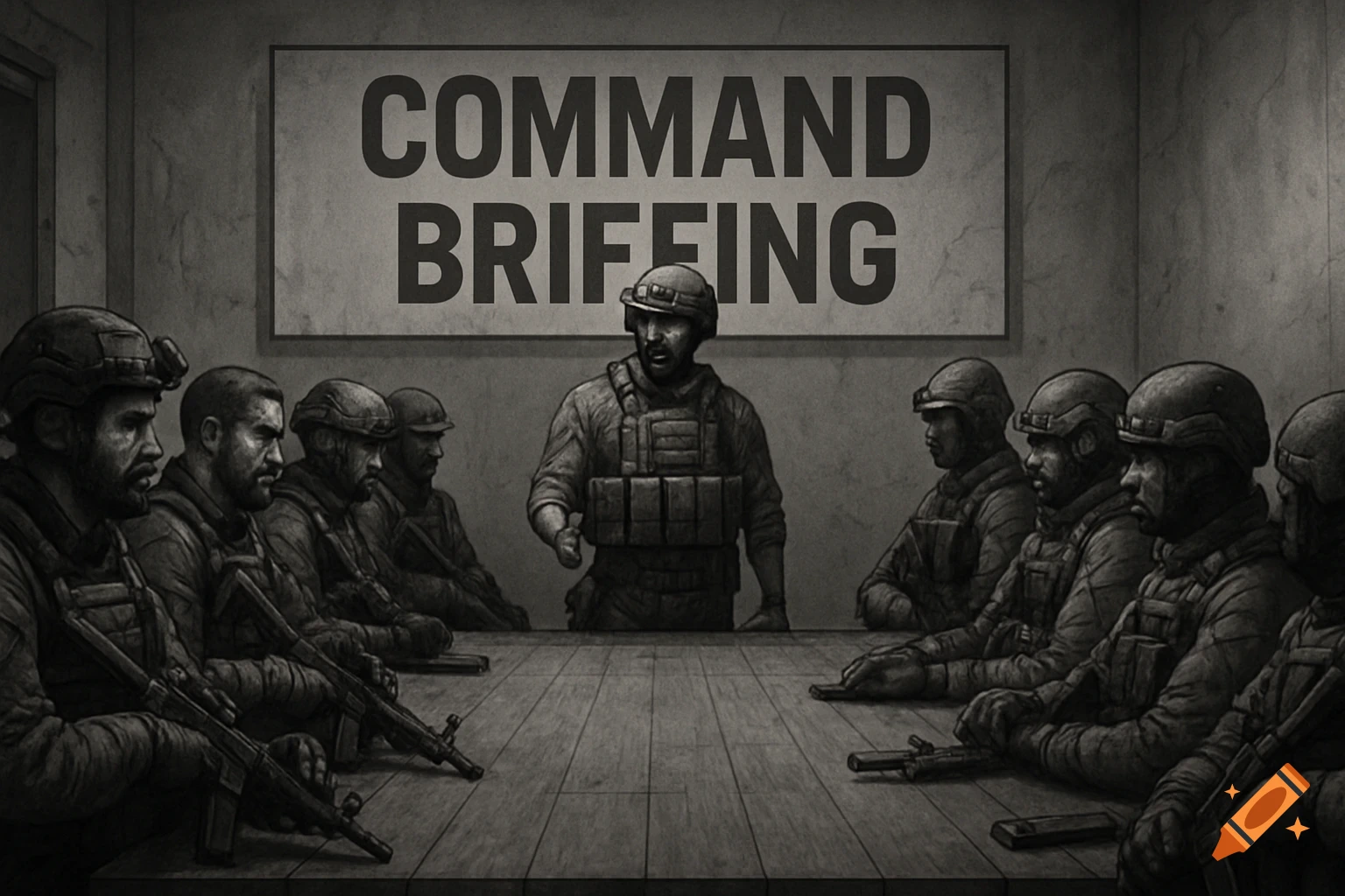 Grayscale image of soldiers at a long table briefing with a sign reading "Command Briefing".