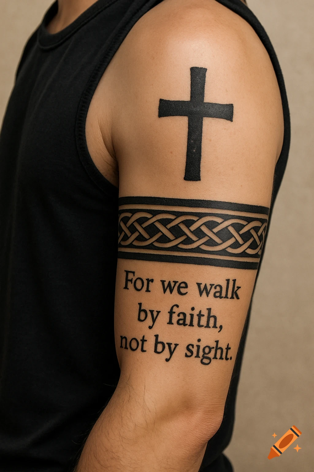 A close-up photorealistic image of a tattoo on an arm, featuring a black cross, a celtic knot band, and the quote 'For we walk by faith, not by sight.'