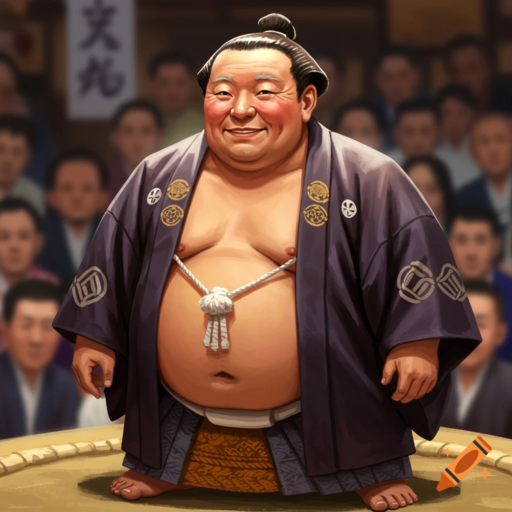 Illustrative portrait of a smiling sumo wrestler in a ring.