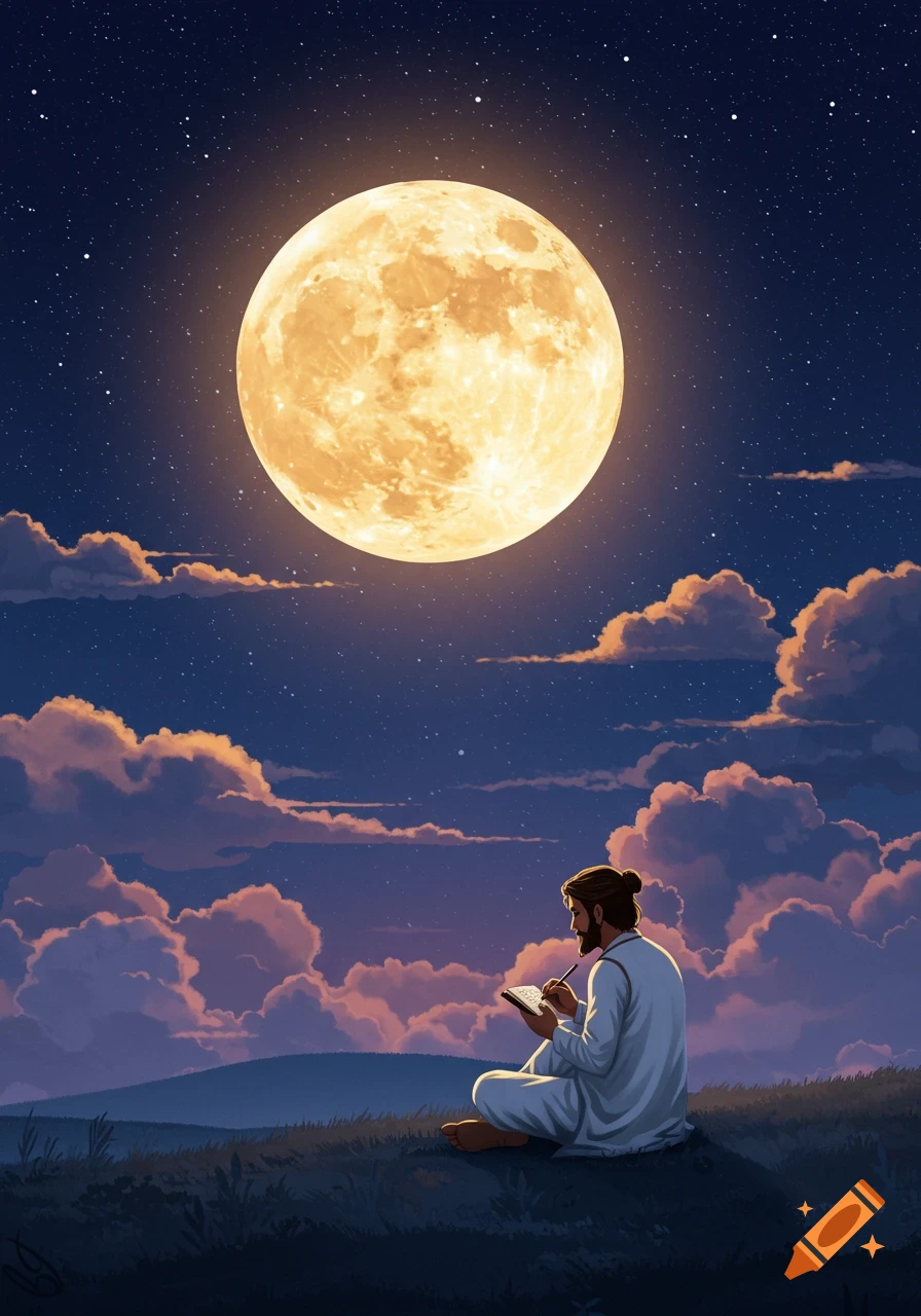 A man sits on a hill writing under a giant full moon and starry night sky.