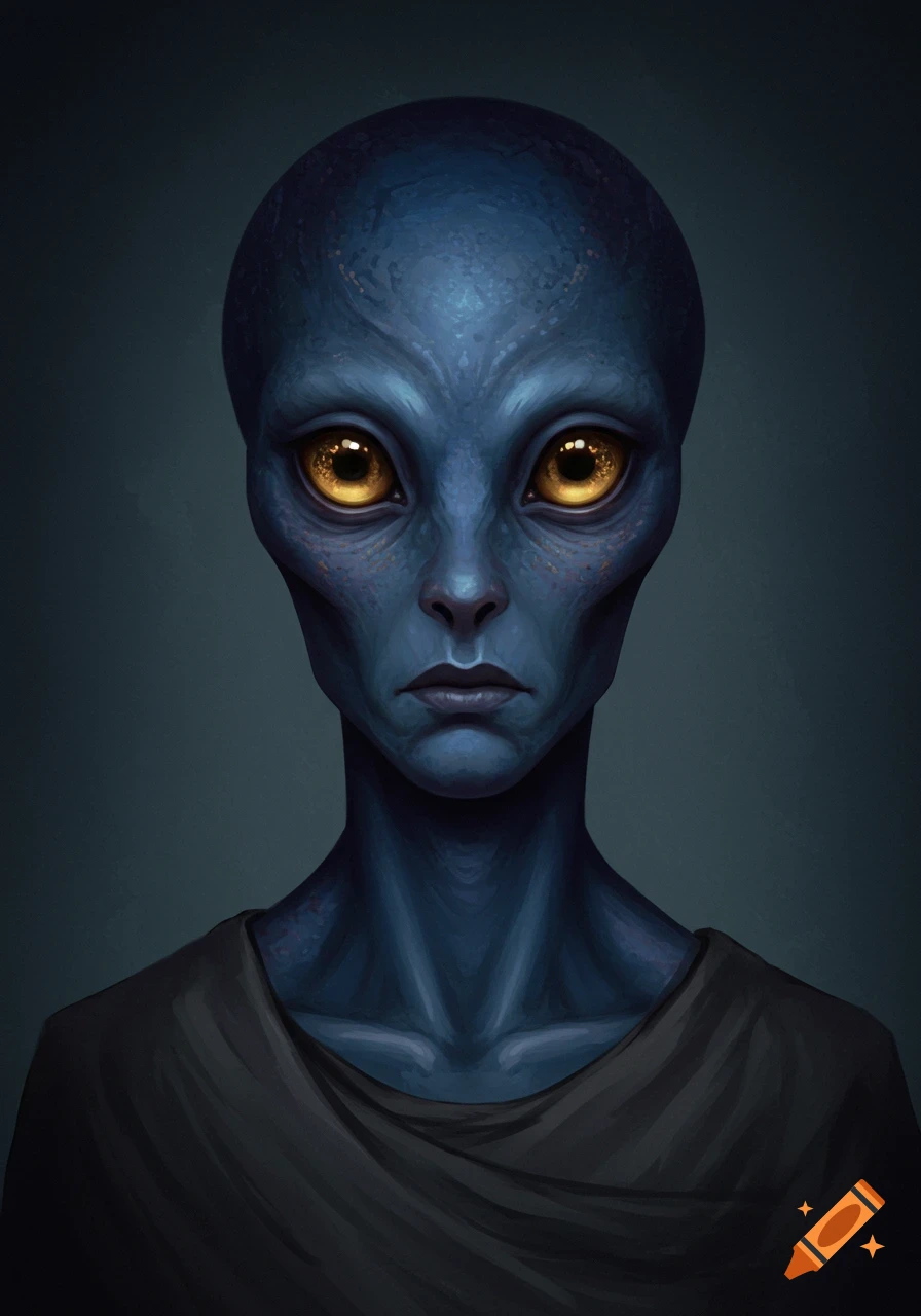 Portrait of a blue alien with large golden eyes, digital painting