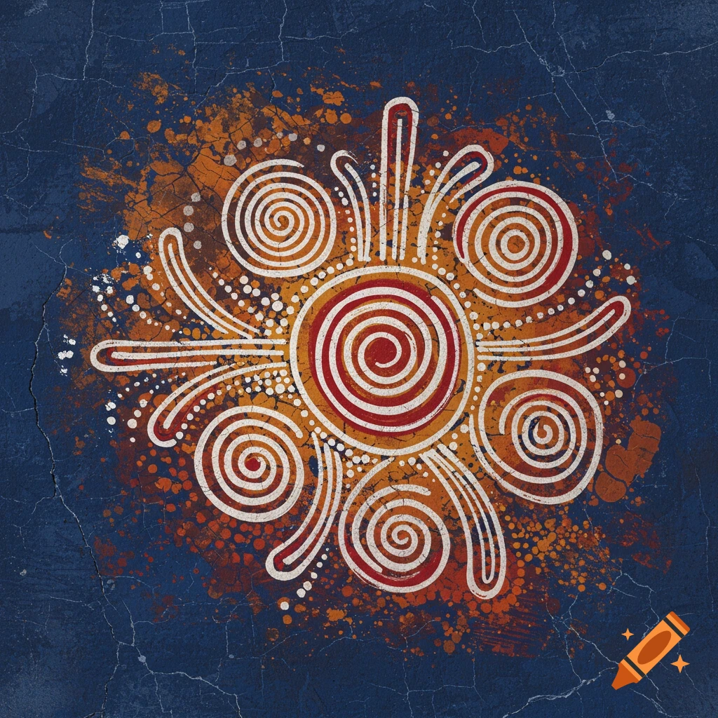 Abstract tribal sun symbol on a cracked blue background with orange splatters