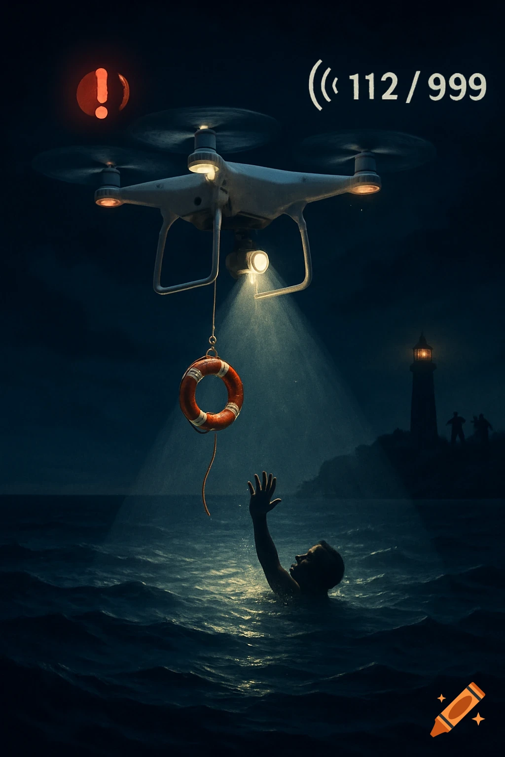 A drone lowers a lifebuoy to a person in the dark ocean, with a lighthouse on the shore.