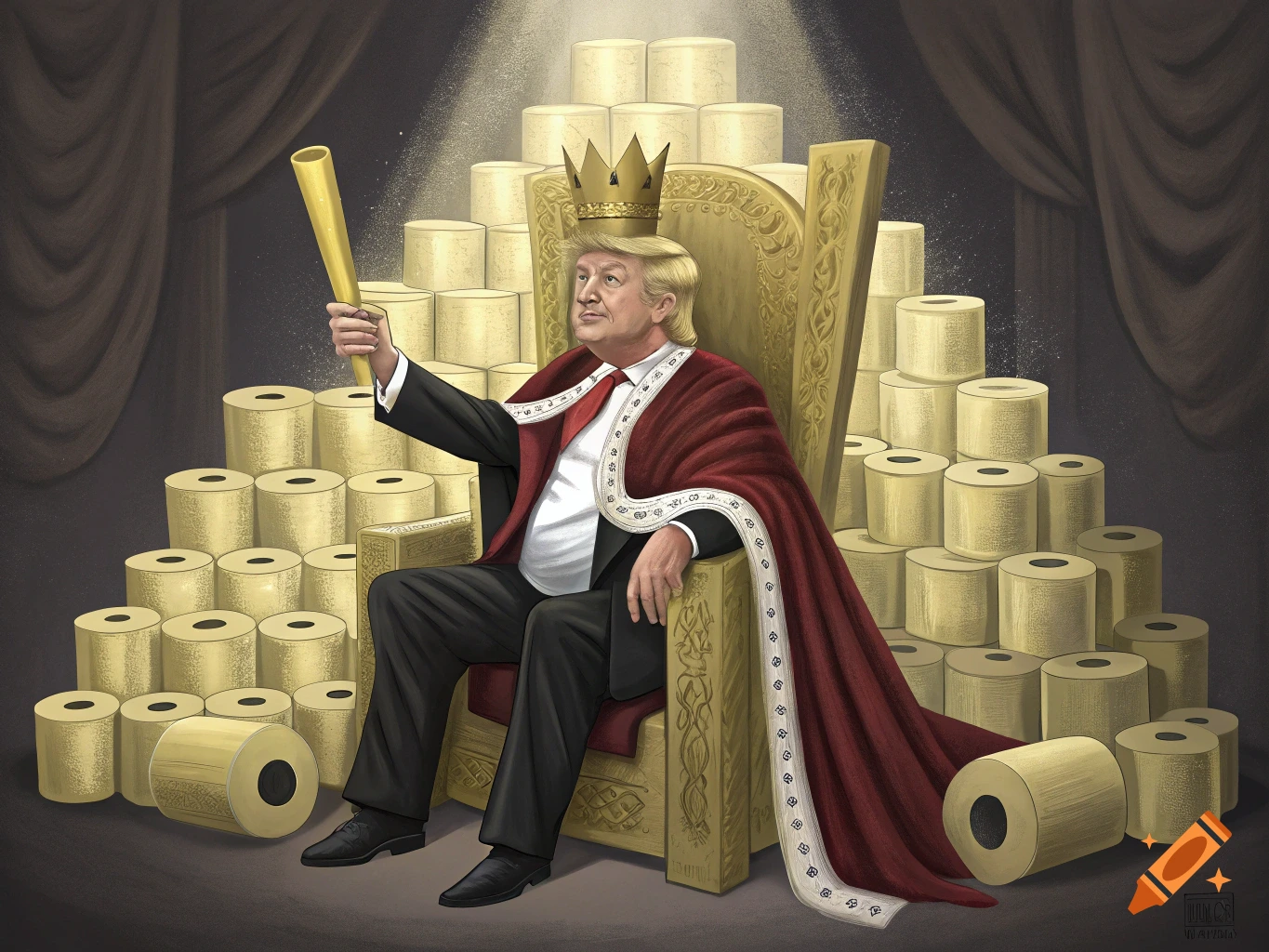 Illustration of Donald Trump on a throne of toilet paper rolls, wearing a crown and robe, holding a golden toilet paper tube scepter.