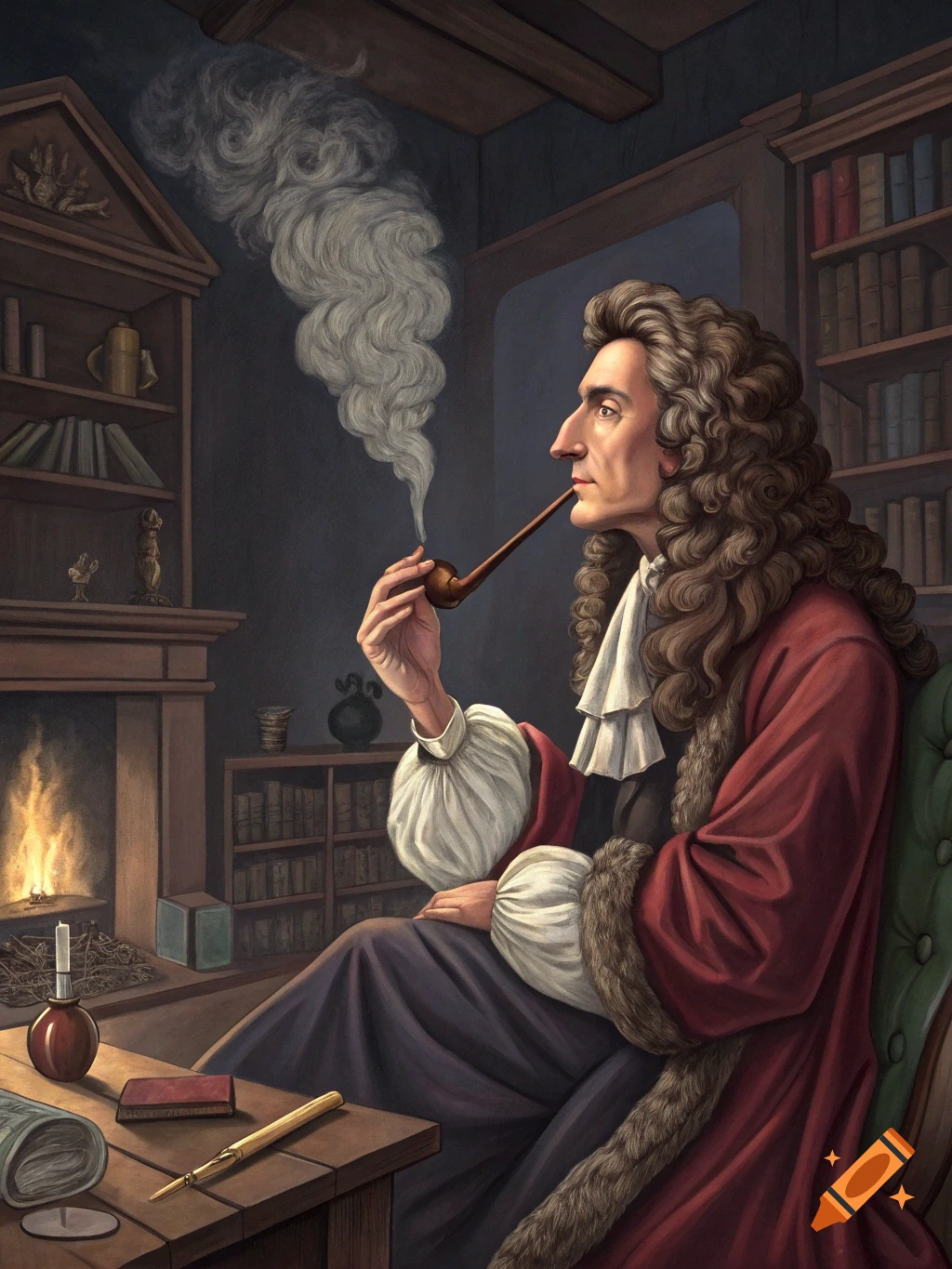Portrait of a historical figure resembling Isaac Newton, smoking a pipe in a study.