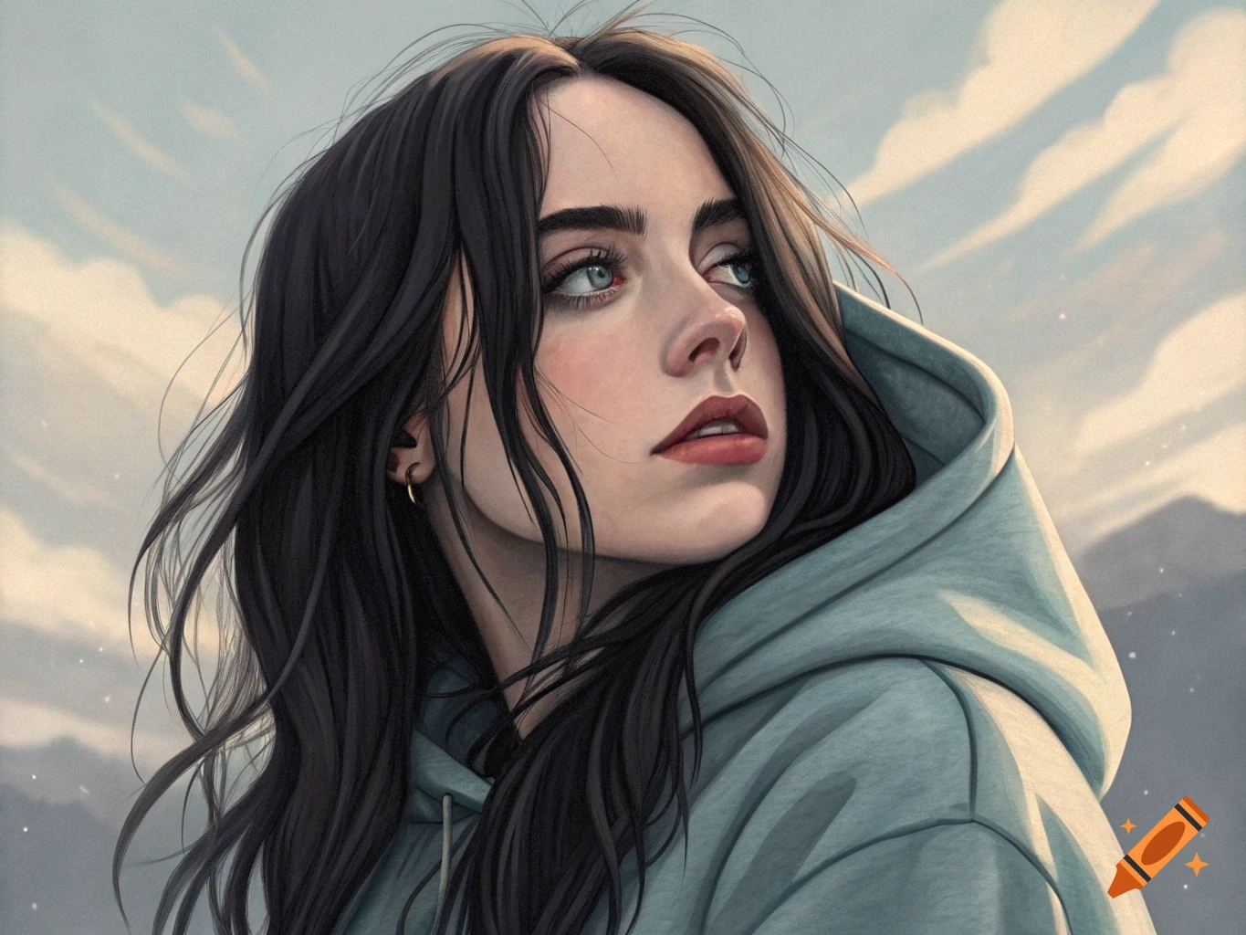 Artistic portrait of a person with dark hair and blue eyes in a grey hoodie looking up at the sky.