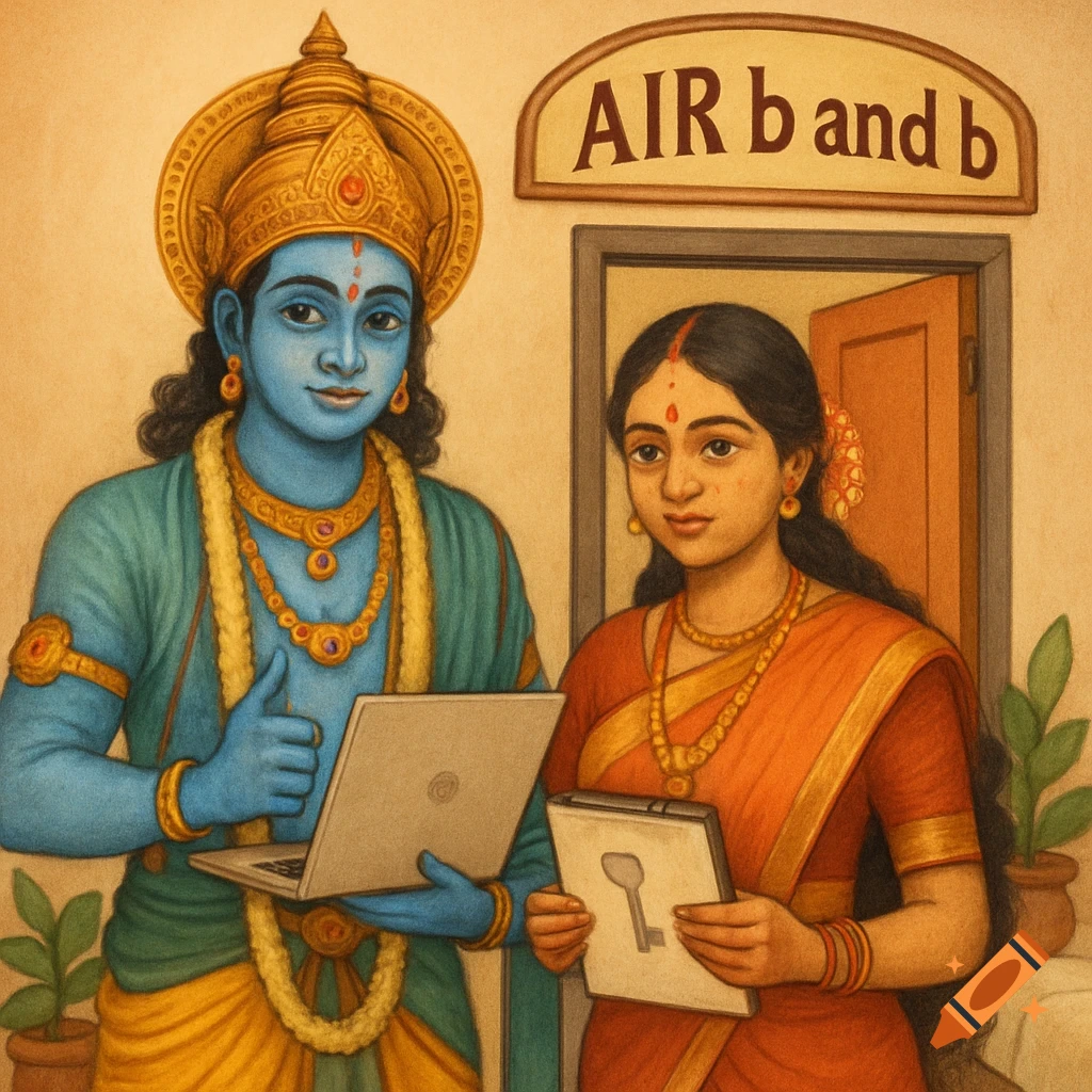 Hindu deities Krishna and a woman holding a laptop and tablet in front of an AIR b and b sign.