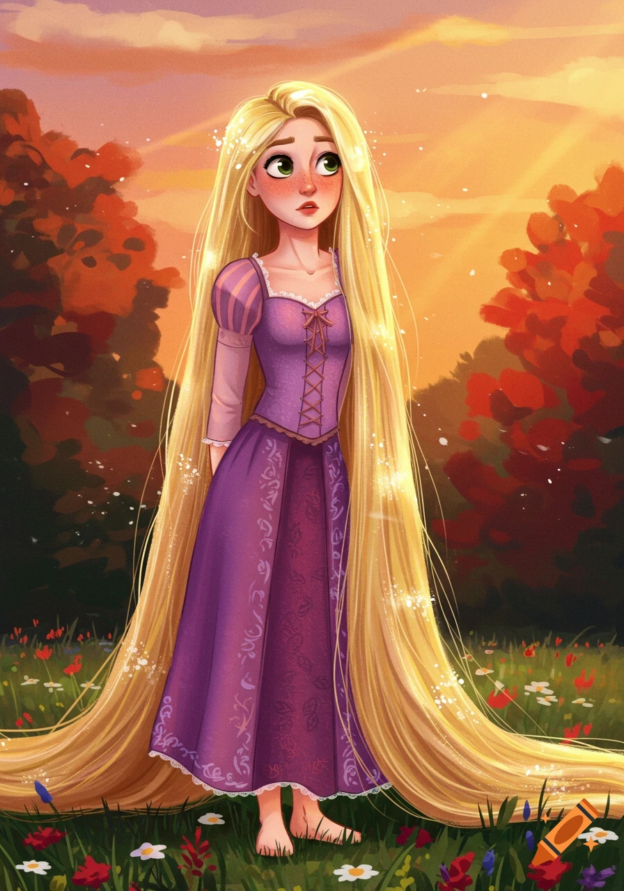 Illustrated portrait of a young woman with very long blonde hair in a purple dress, standing in a field of flowers at sunset.