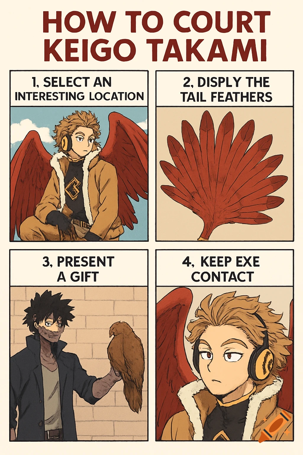 Four-panel comic "How to Court Keigo Takami" shows Hawks and Dabi. Steps include displaying feathers and presenting a gift.