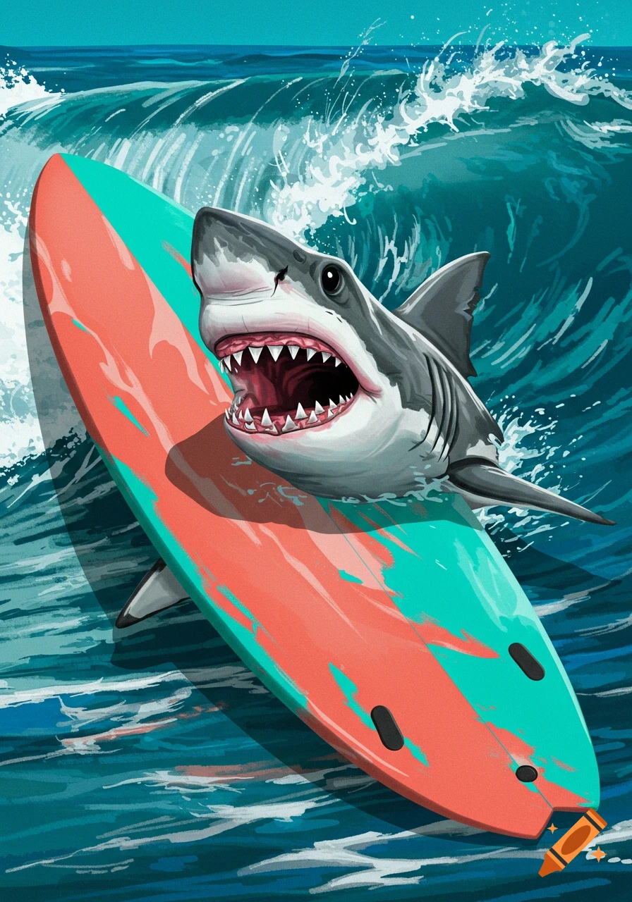 Stylized illustration of a shark on a surfboard in a wave.