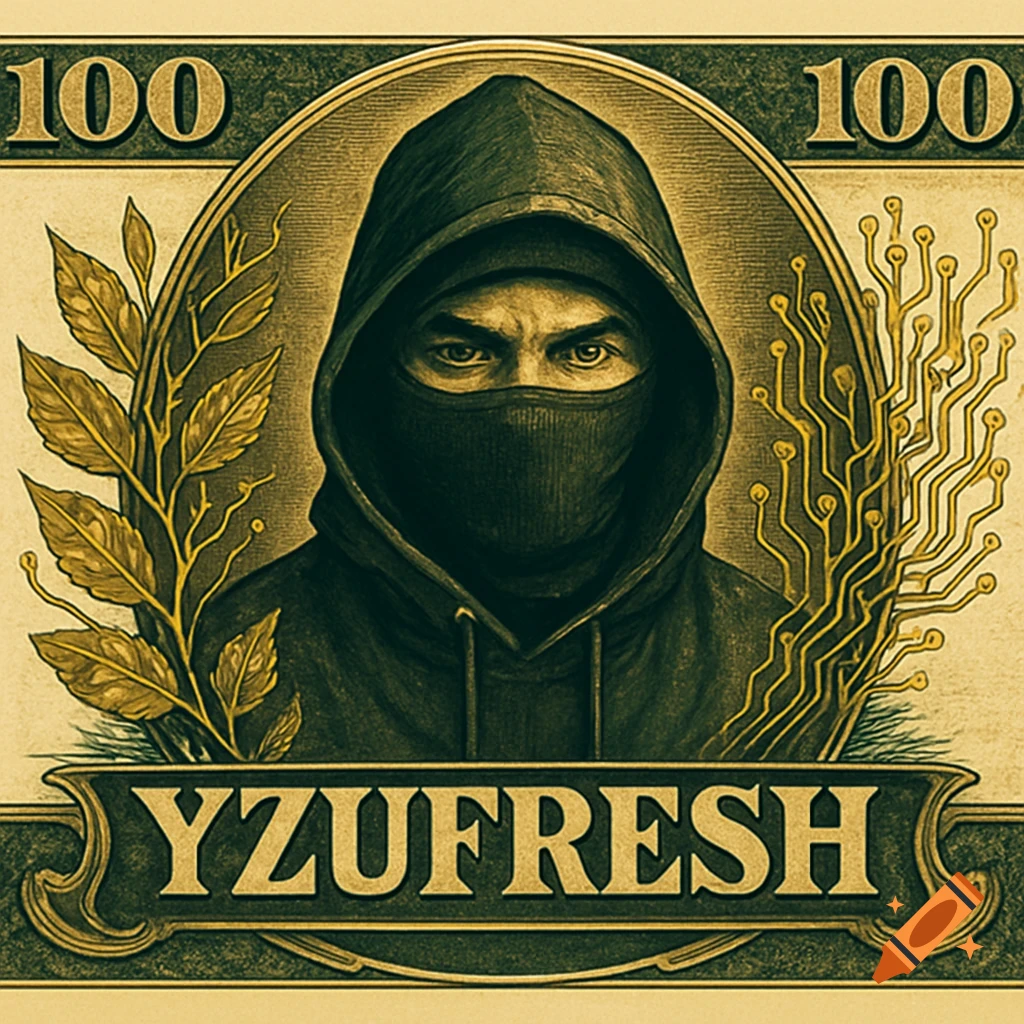 Illustration of a person in a balaclava on a stylized 100 dollar bill with circuits and YZUFRESH text