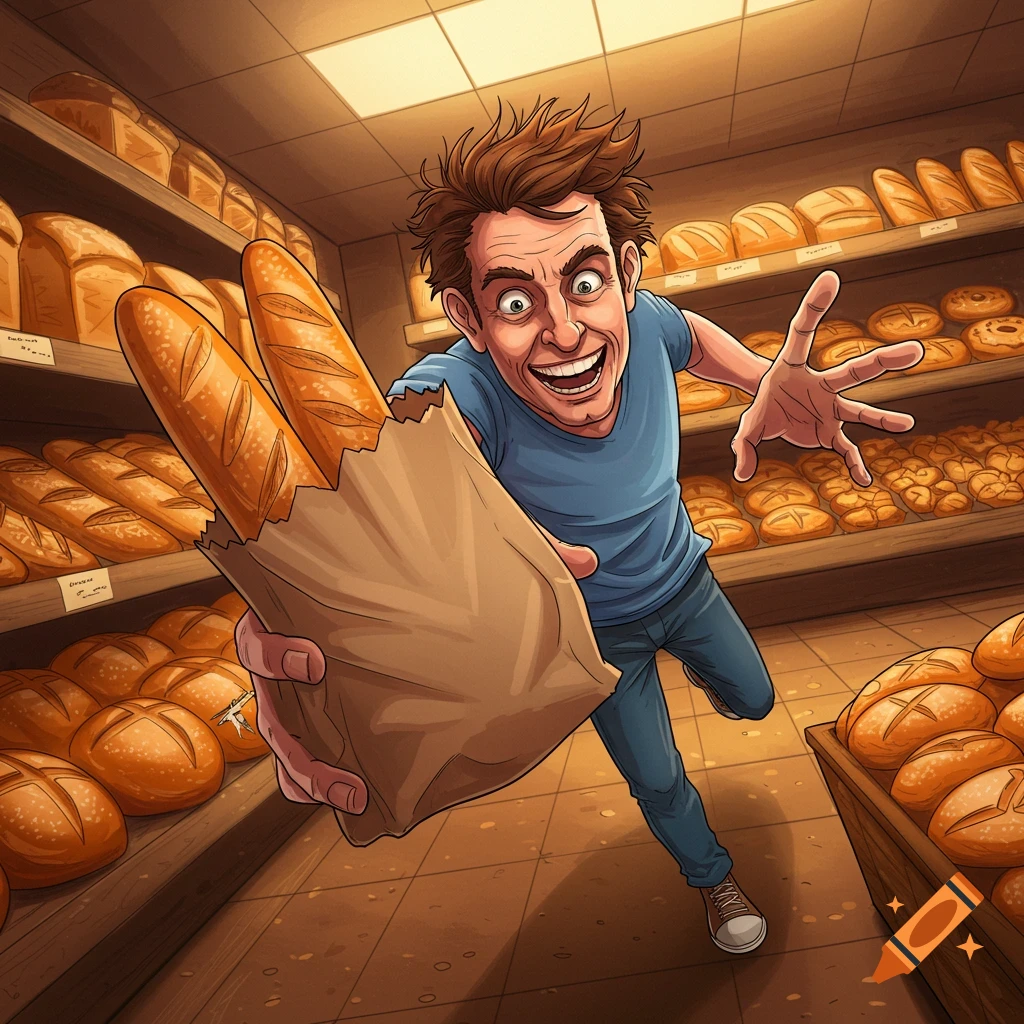 A man smiles excitedly while holding a bag of baguettes in a bakery, cartoon style.