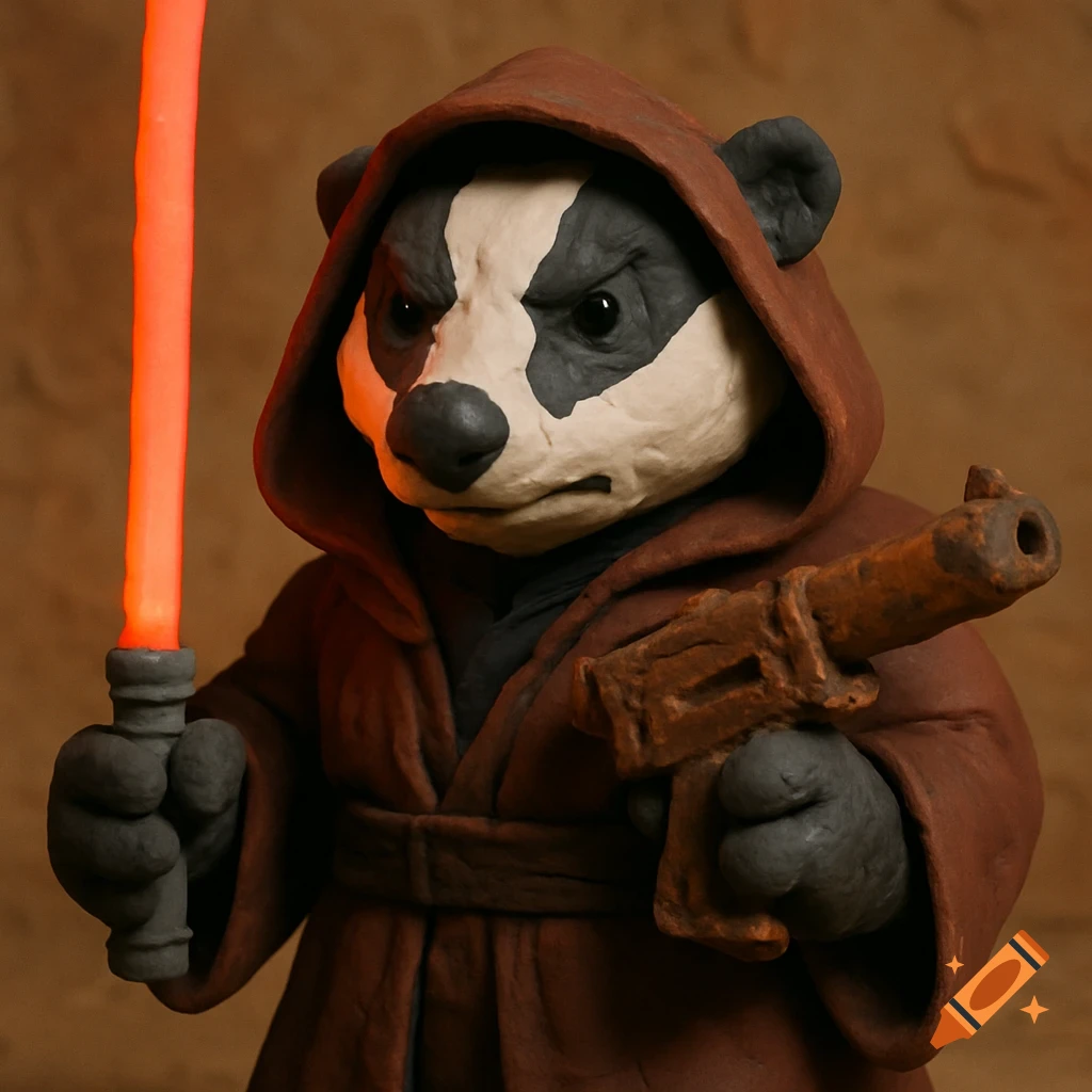 Claymation badger dressed as a Sith, holding a red lightsaber and a blaster.
