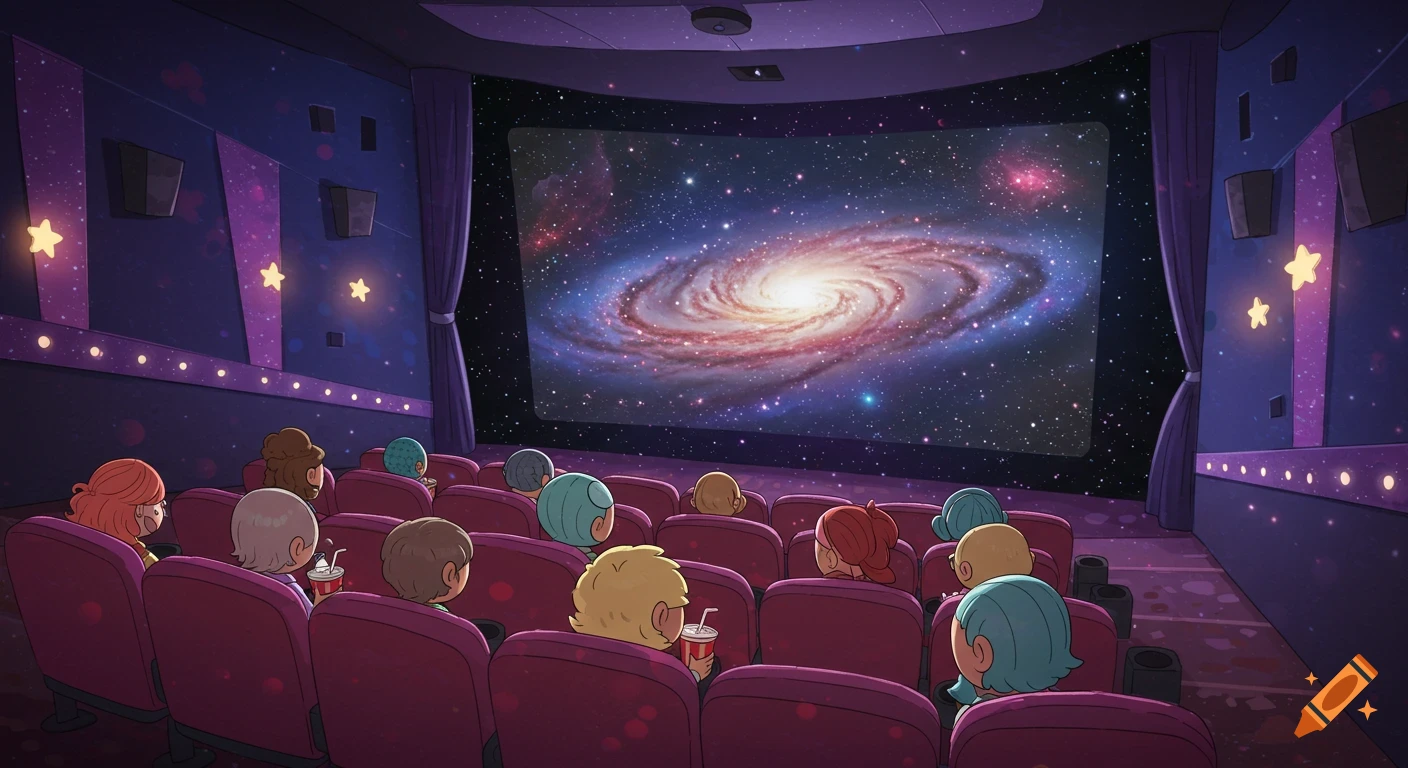Cartoon illustration of people watching a galaxy on a large screen in a movie theater.