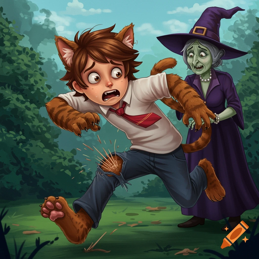 A cartoon illustration of a boy transforming into a cat, running in panic from a sinister witch in a forest.