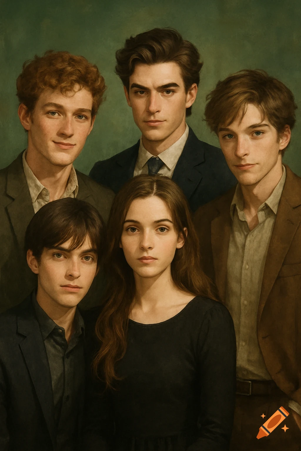 Group portrait of five young people in a historical painting style