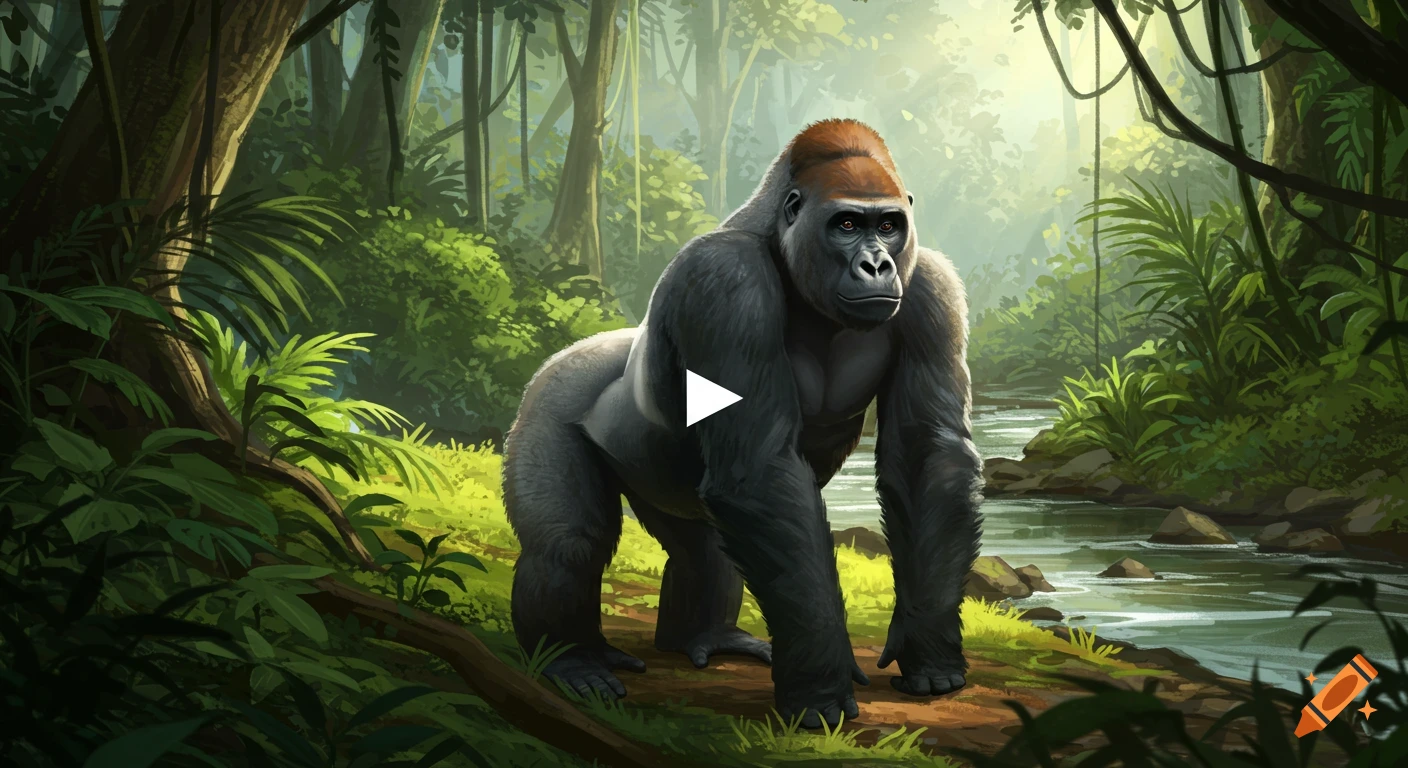 A detailed illustration of a gorilla standing by a river in a lush jungle.