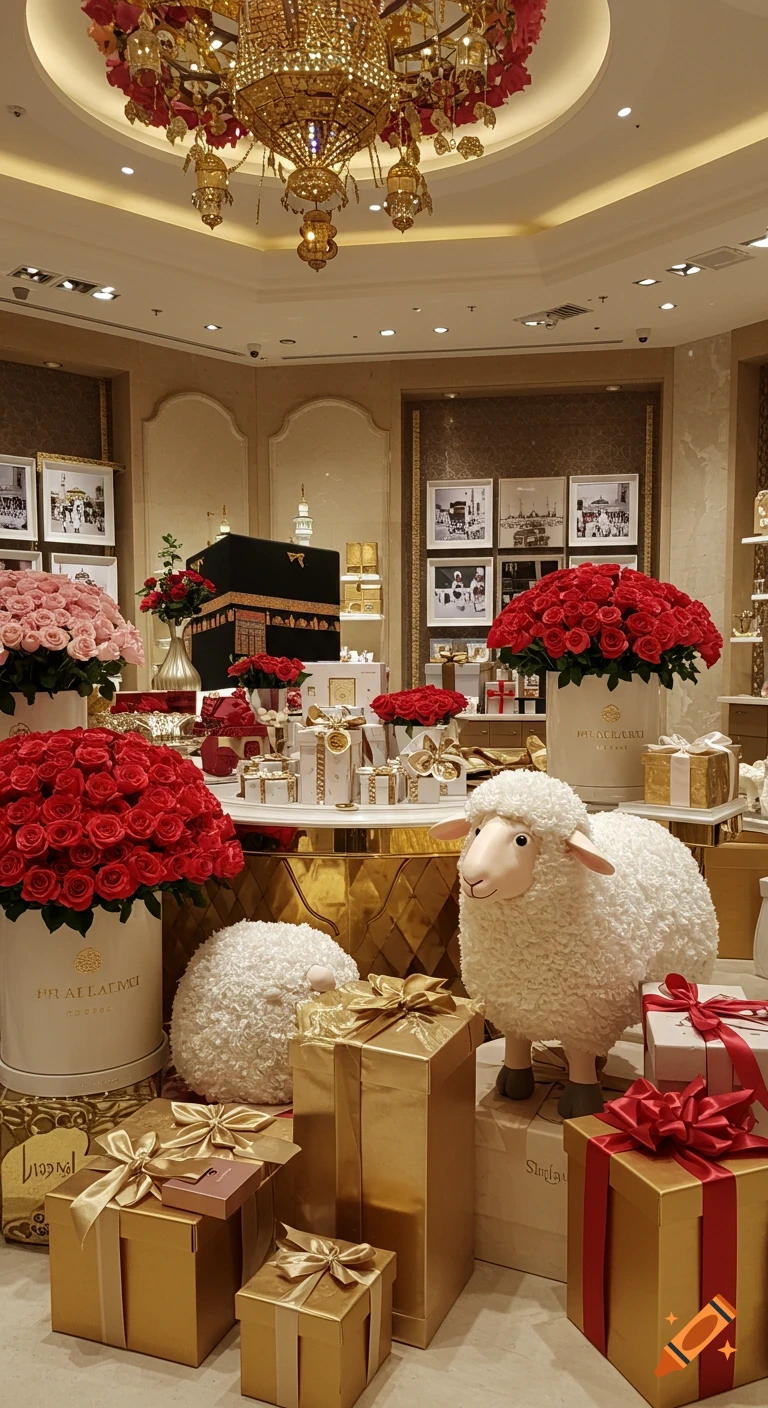 Luxurious store display with red and pink roses, gold gift boxes, fluffy sheep figures, and framed photos of the Kaaba.