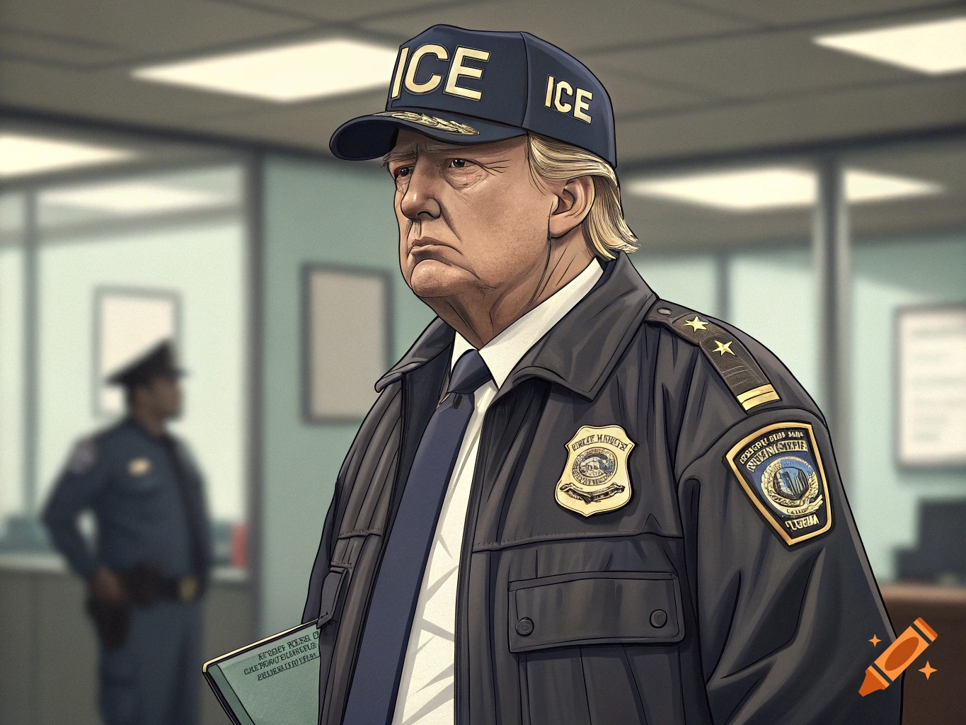 Illustrated portrait of a person resembling Donald Trump wearing an ICE uniform and cap, holding a book, in an office setting.