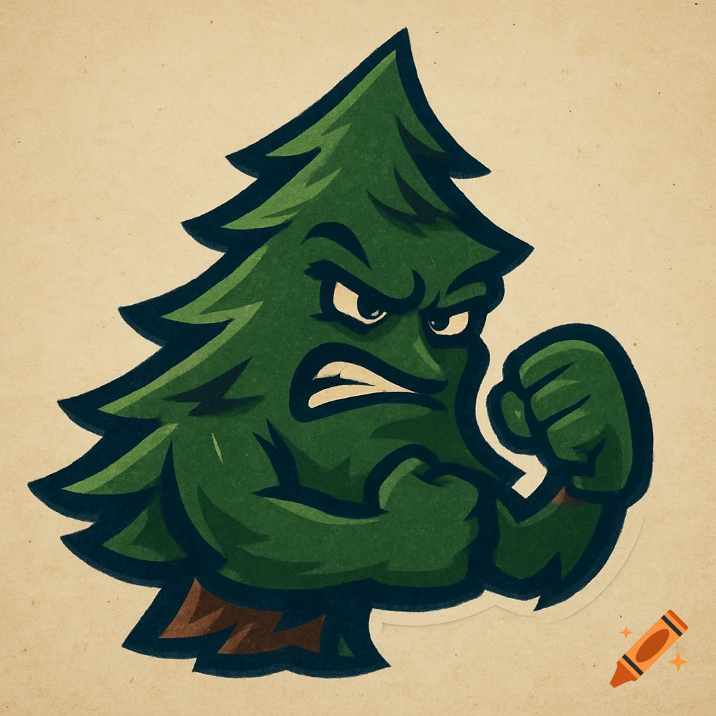 Cartoon logo of a muscular, angry pine tree flexing its arms. on Craiyon