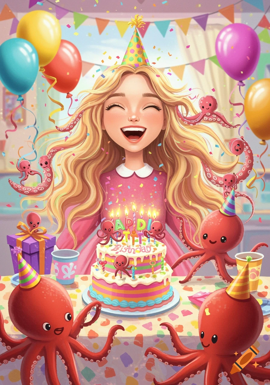 Illustration of a girl celebrating her birthday with octopuses and a cake.