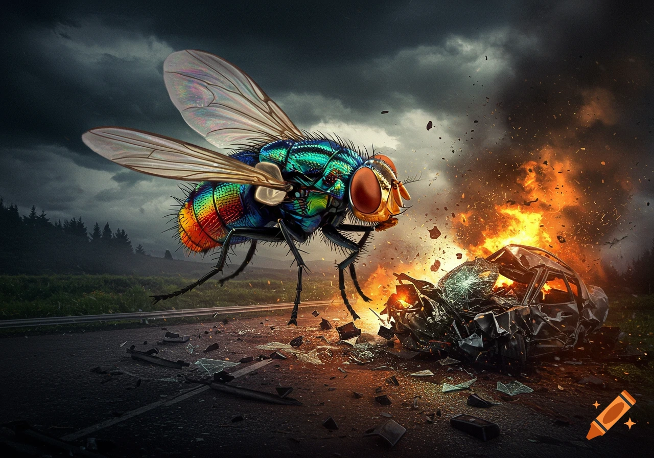 A giant fly hovers over a fiery car crash on a road under a stormy sky.