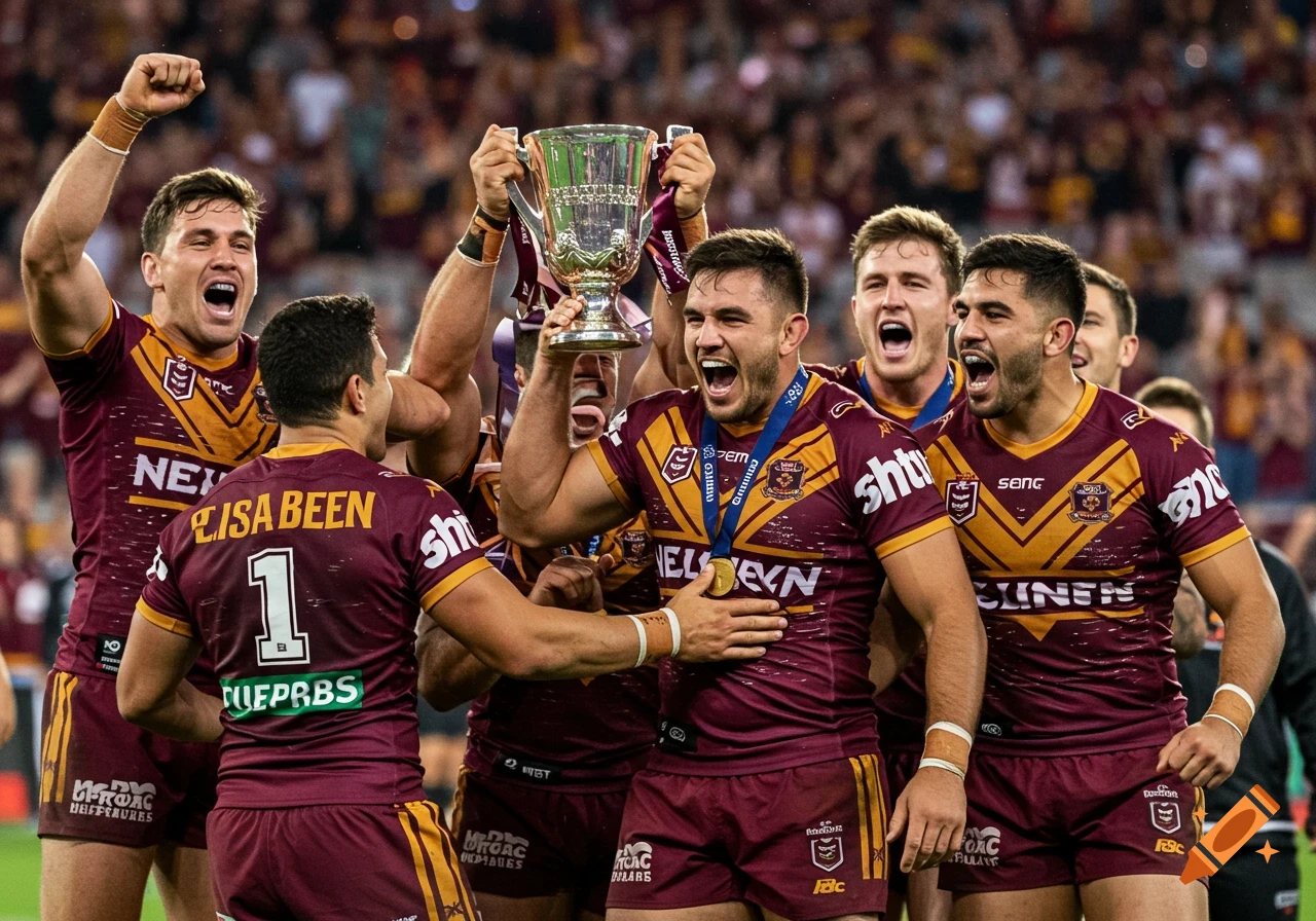 Rugby players in maroon jerseys cheer and hold a trophy after winning a game