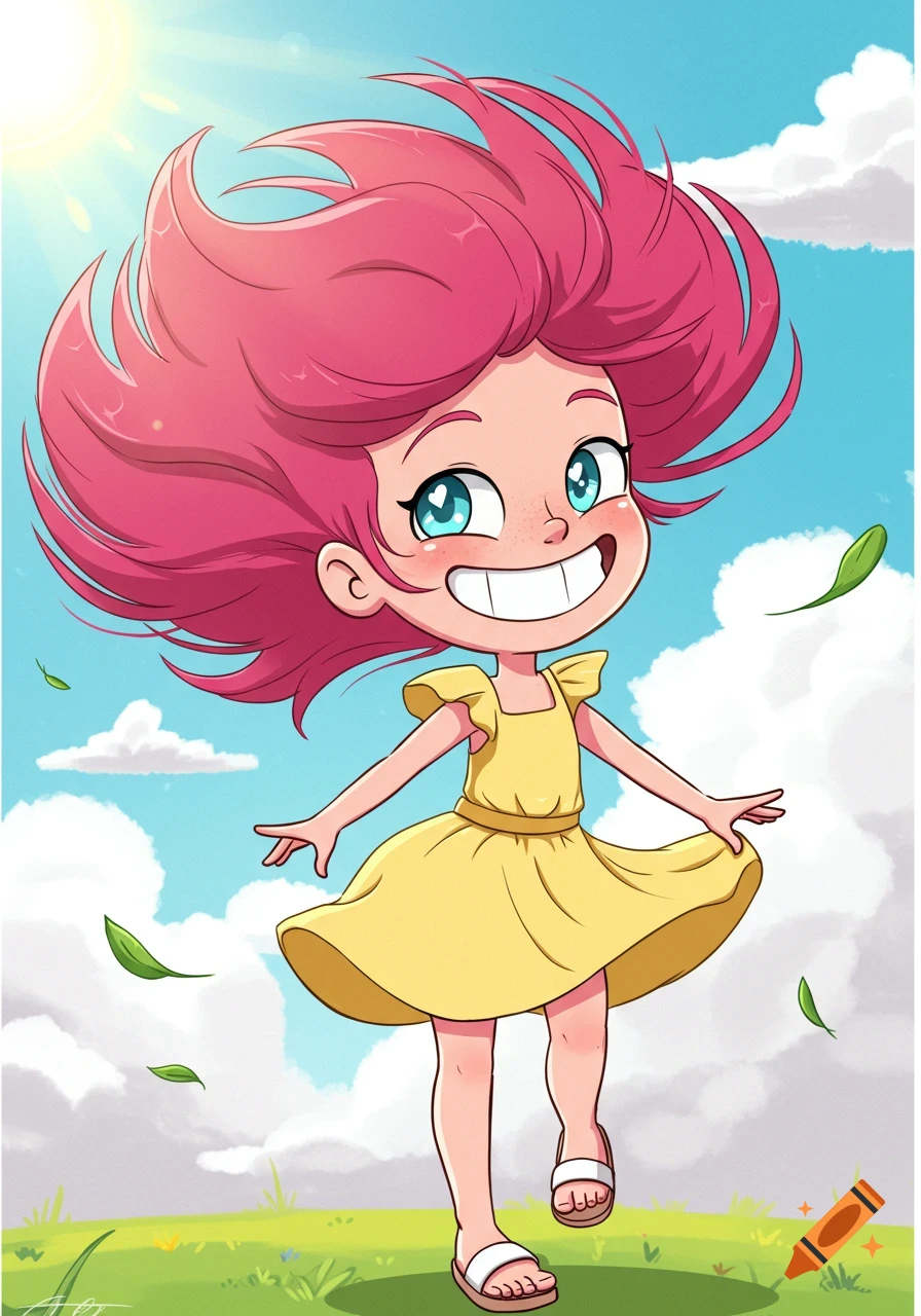 Cartoon girl with pink hair smiling in the wind outdoors.