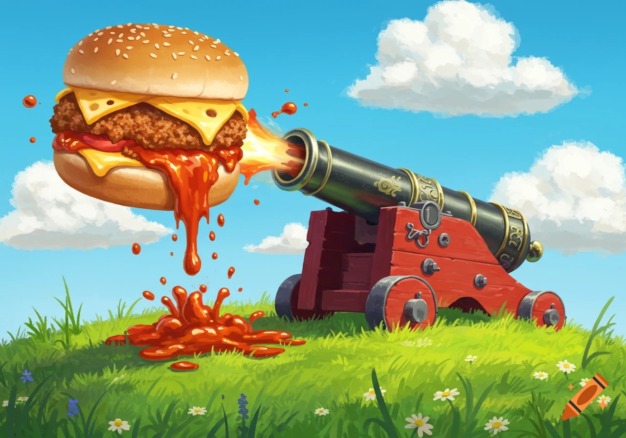 A stylized illustration of a red cannon on a grassy hill firing a messy sloppy joe burger.