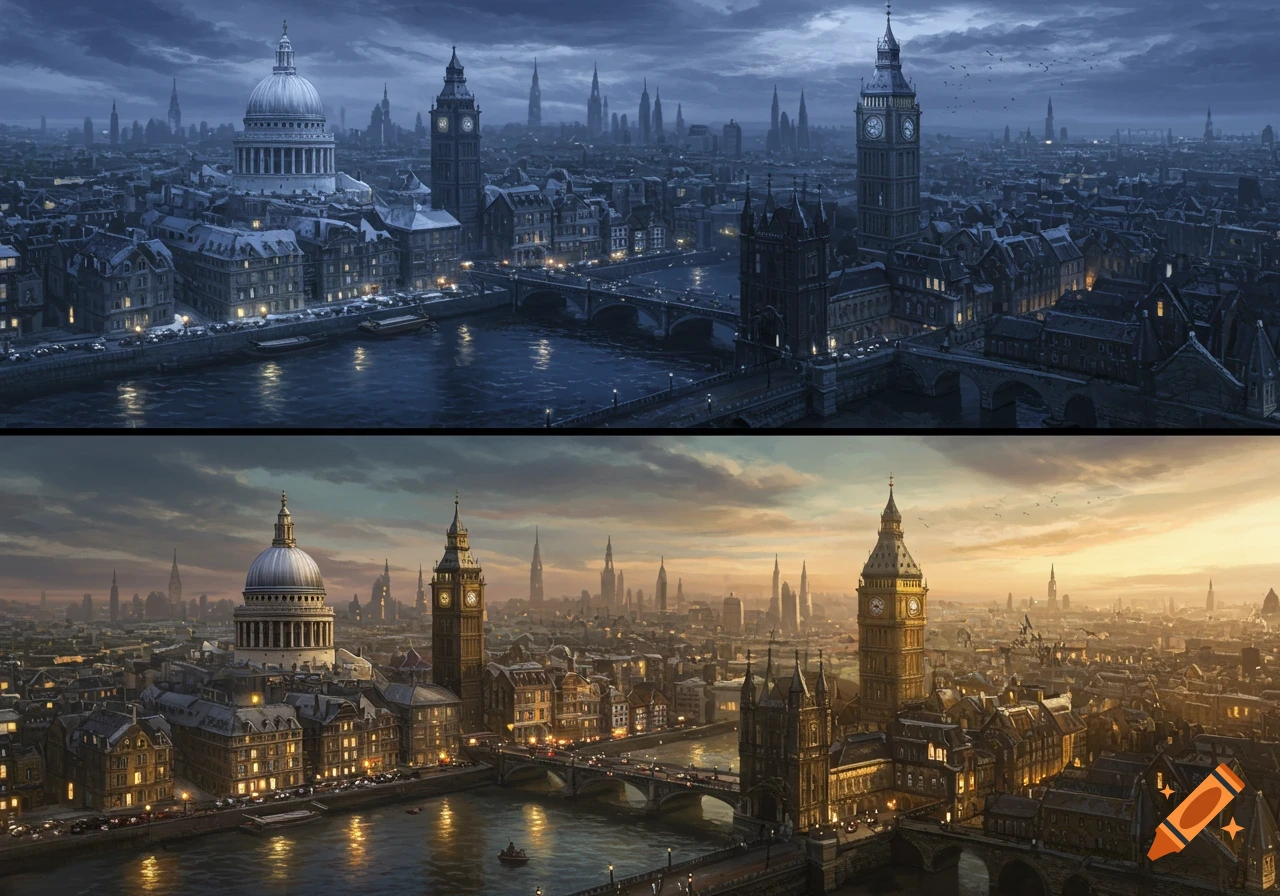 Split image of London cityscape across the Thames, showing a dark winter night and bright summer day scene.