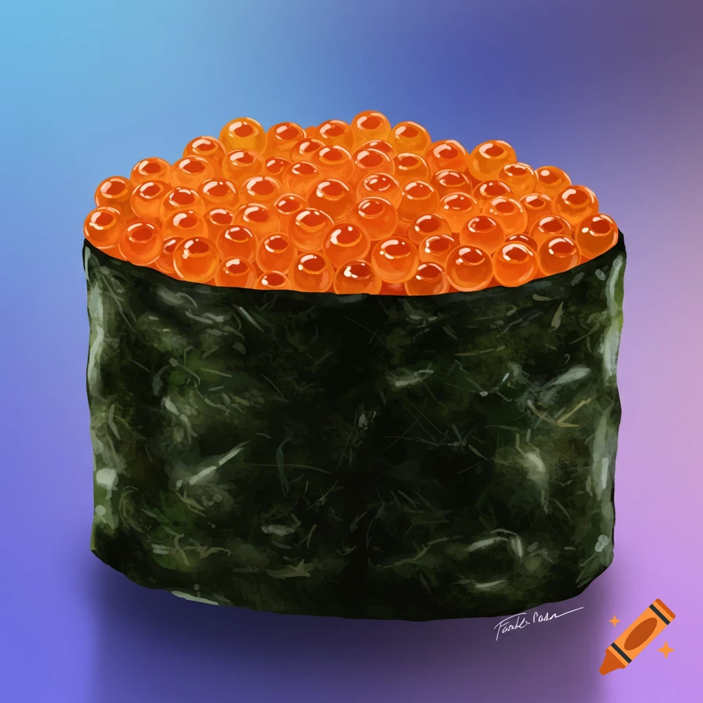 Illustration of a sushi gunkan roll topped with bright orange roe