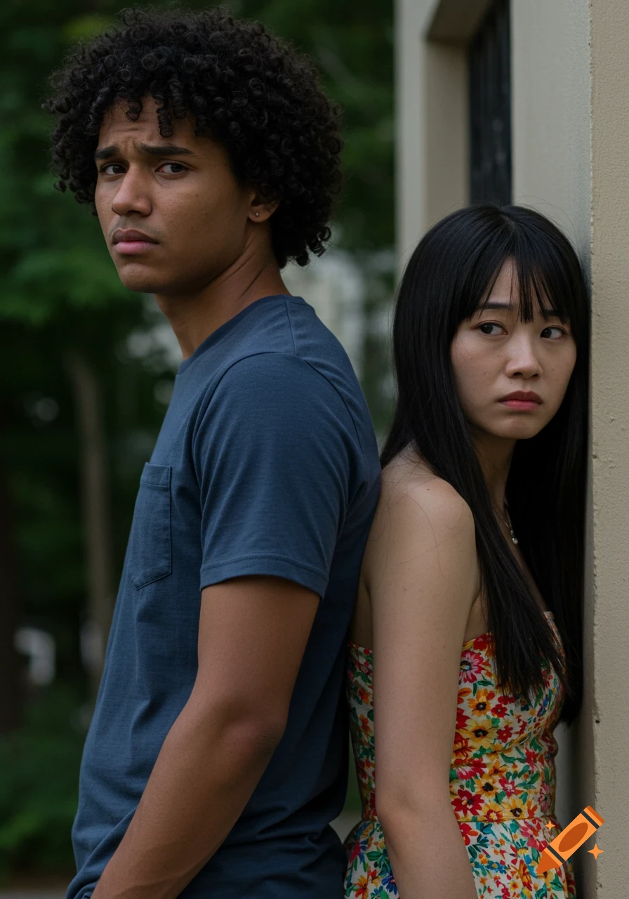 Young man and woman stand back to back, looking away from each other, outdoors.