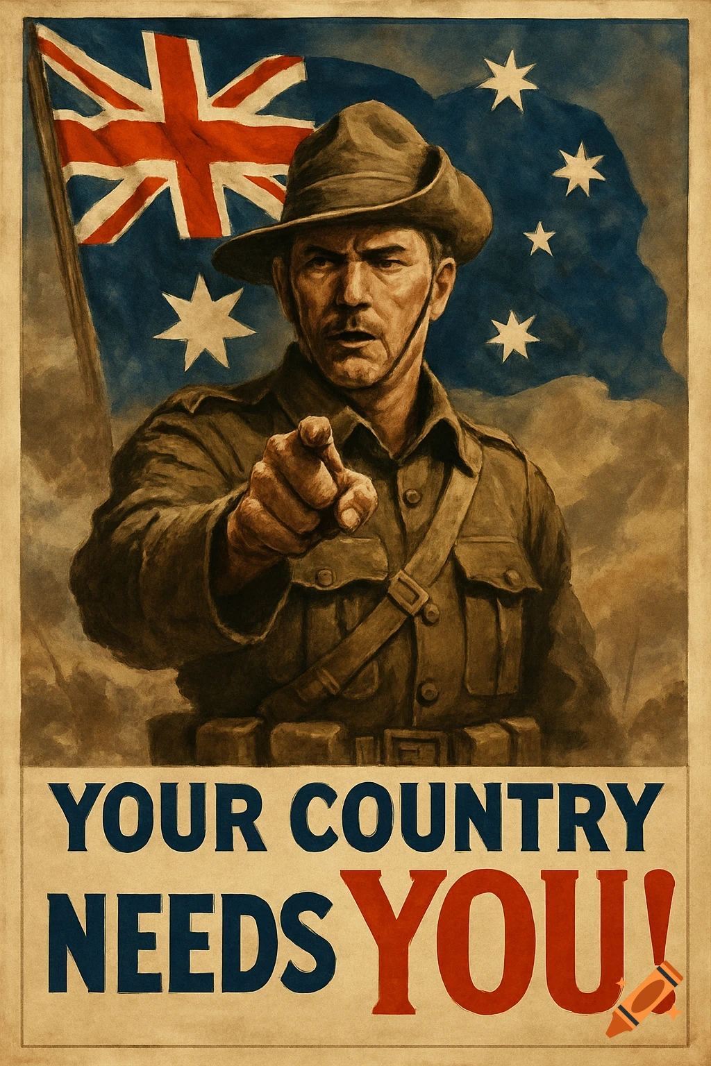 Recruitment poster of an Australian soldier pointing at the viewer, with an Australian flag and text 'YOUR COUNTRY NEEDS YOU!'